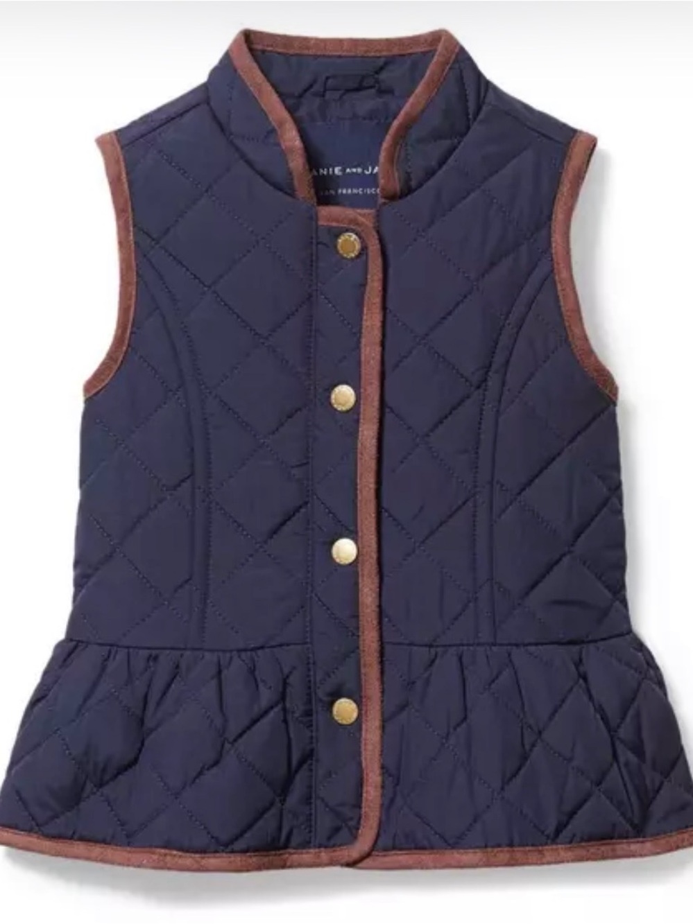 Janie and Jack Navy Quilted Peplum Vest with Brown Trim
